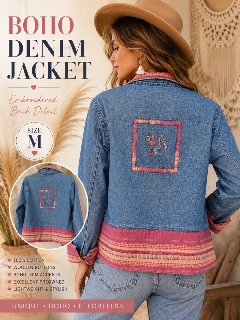 New Identity Embroidered Denim Jacket – Boho Southwestern Accent Trim
Size Med